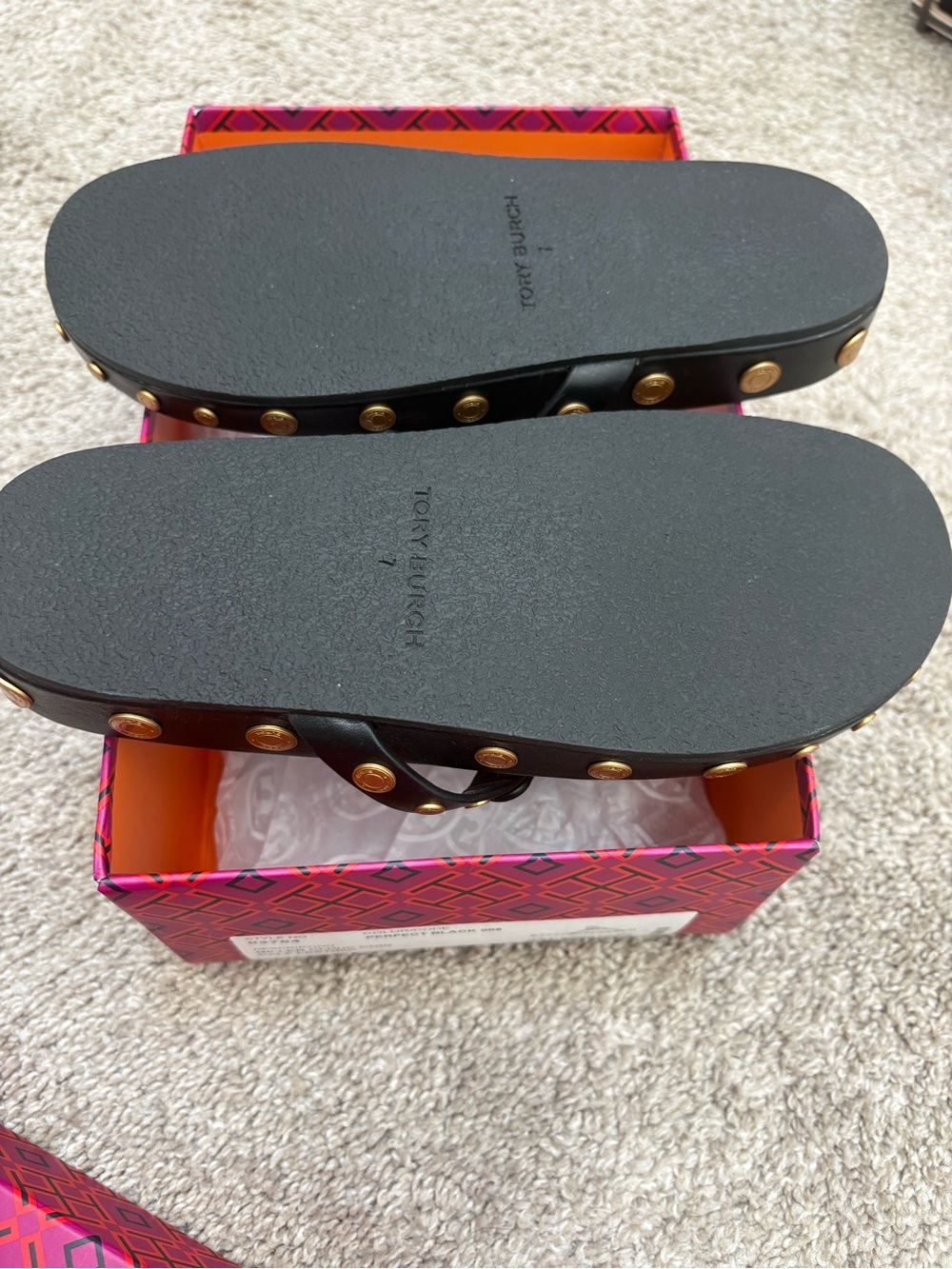 Tory Burch Black Logo Thong Sandals with Gold Stud Detailing - Picture 2 of 4